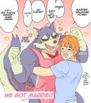  2017 anthro apron better_version_at_source blush canine clothing dog garmr hug human human_on_anthro interspecies male male/male mammal muscular muscular_male naked_apron simamanta text tokyo_afterschool_summoners translated wedding 