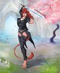  2017 5_fingers anthro araivis-edelveys barefoot breasts cat clothed clothing detailed_background digital_media_(artwork) digitigrade feline female hi_res holding_object holding_weapon mammal melee_weapon solo sword weapon 