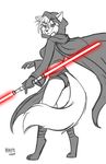  2017 anthro breasts butt canine cloak clothing clovis_(twokinds) digitigrade female fox full_body fur gloves_(marking) hair heresy_(artist) hi_res hybrid keidran lightsaber looking_at_viewer mammal markings monochrome notched_ear selective_coloring sith socks_(marking) solo star_wars twokinds white_fur white_hair wolf 