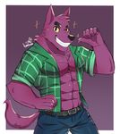  2017 abs anthro belt bernard_(ok_k.o.!_lbh) big_muscles black_nose canine cartoon_network chest_tuft claws clothed clothing fangs fur kanisorn looking_at_viewer male mammal muscular muscular_male ok_k.o.!_let&#039;s_be_heroes open_shirt pecs purple_fur shirt shorts smile solo standing teeth torn_clothing tuft were werewolf wolf 