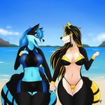  2017 anthro beach bikini blush breasts canine clothed clothing duo female fur hair hand_holding hi_res mammal masamaki navel open_mouth outside seaside sibling sister smile swimming_trunks swimsuit water wolf 