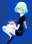  amputee androgynous bangs black_footwear black_shirt black_shorts blue_background bob_cut brown_eyes closed_mouth creature diamond_(houseki_no_kuni) elbow_gloves gem_uniform_(houseki_no_kuni) gloves green_hair hair_between_eyes highres houseki_no_kuni light_smile loafers looking_at_viewer looking_back monsieur puffy_short_sleeves puffy_sleeves shirt shoes short_hair short_shorts short_sleeves shorts sitting smile thick_eyebrows thighhighs ventricosus white_gloves white_legwear 