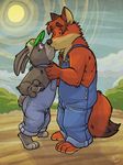  anthro canine clothing disney duo farmer fox gideon_grey hat hi_res k-9 kissing lagomorph male male/male mammal overalls predator/prey rabbit stu_hopps zootopia 