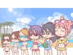  &gt;:) ahoge akebono_(kantai_collection) alternate_hairstyle amusement_park ayanami_(kantai_collection) bandaid bandaid_on_face bare_arms bare_shoulders bikini bikini_bottom bikini_skirt black_bikini blue_sky blue_swimsuit blush_stickers bunny bunny_hair_ornament casual_one-piece_swimsuit chibi closed_eyes closed_mouth cowboy_shot crab crop_top day double_bun eyewear_on_head ferris_wheel food frilled_bikini frills fruit green_bikini_bottom hair_ornament hand_on_hip kantai_collection long_hair multiple_girls navel oboro_(kantai_collection) one-piece_swimsuit outdoors palm_tree pink-framed_eyewear pink_bikini polka_dot polka_dot_bikini ponytail pool pori_(poritan81) rimless_eyewear roller_coaster round_eyewear sazanami_(kantai_collection) scrunchie shikinami_(kantai_collection) shirt short_hair short_sleeves sky smile standing star-shaped_eyewear striped striped_swimsuit sunglasses sunlight swimsuit tinted_eyewear tree ushio_(kantai_collection) v-shaped_eyebrows watermelon white_bikini white_shirt wristband yellow-tinted_eyewear yellow_bikini 