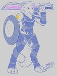  2017 3_toes armor canine clothed clothing digital_media_(artwork) digitigrade fur hi_res holding_object holding_weapon infinitedge2u looking_at_viewer mammal melee_weapon red_eyes shield sword toes weapon white_fur wolf 
