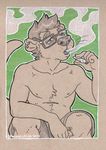  2017 anthro chest_tuft chewycuticle clothed clothing drugs ear_piercing eyewear glasses green_background hair half-closed_eyes male mammal marijuana mustelid nipples open_mouth otter piercing shorts simple_background smoke smoking solo topless traditional_media_(artwork) tuft 