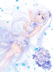  :d armpits azur_lane blue_eyes blurry bouquet breasts bridal_veil cleavage commentary depth_of_field dress elbow_gloves flower garter_straps gloves highres illustrious_(azur_lane) large_breasts long_hair myusha open_mouth petals rose silver_hair simple_background smile solo tiara veil white_background white_dress white_flower white_gloves white_rose 