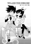  1girl beat_(dragon_ball) black_eyes blush bow chocolate chocolate_heart dragon_ball dragon_ball_heroes greyscale hair_bow heart karoine monochrome note_(dragon_ball) one_eye_closed ponytail thighhighs translation_request watermark 