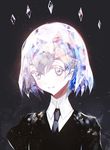  absurdres androgynous bangs black_background black_neckwear black_shirt blush closed_mouth collared_shirt commentary_request diamond_(houseki_no_kuni) gem_uniform_(houseki_no_kuni) grey_eyes grey_hair highres houseki_no_kuni looking_at_viewer moemoe3345 necktie portrait shirt short_hair silver_eyes silver_hair smile solo upper_body white_shirt 