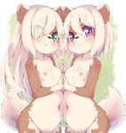  :&lt; animal_ears belly_to_belly blonde_hair blush breasts commentary_request dog_ears dog_tail eyes_visible_through_hair furry green_eyes groin hair_over_one_eye highres holding_hands long_hair looking_at_viewer multiple_girls navel nipples nude original out-of-frame_censoring purple_eyes short_hair small_breasts tail upper_body yuuki_(yuyuki000) 