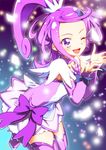  ;d arm_warmers blue_background boots bow choker cure_sword curly_hair dokidoki!_precure gradient gradient_background hair_ornament kenzaki_makoto light_particles looking_at_viewer magical_girl one_eye_closed open_mouth ponytail precure purple purple_background purple_bow purple_eyes purple_footwear purple_hair purple_neckwear short_hair smile solo spade_hair_ornament thigh_boots thighhighs yuto_(dialique) 