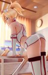  3d absurdres arm_support ass bed blender_(medium) blonde_hair blue_eyes blurry breasts commentary depth_of_field detached_sleeves english_commentary eshinio hat highres hospital_bed infirmary leaning_forward medium_breasts mercy_(overwatch) miniskirt nurse nurse_cap overwatch revealing_clothes shiny shiny_clothes short_ponytail sideboob skirt smile solo_focus thighhighs 