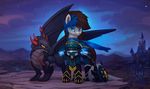  2017 animated armor blue_eyes brown_hair detailed_background digital_media_(artwork) dragon duo equine fan_character female feral hair looking_at_viewer male mammal membranous_wings my_little_pony orange_eyes outside rodrigues404 wings 