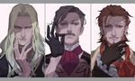  artist_request beard black_gloves black_hair blonde_hair blue_eyes brown_eyes brown_hair commentary ears facial_hair fate/apocrypha fate/grand_order fate_(series) fingernails frilled_sleeves frills frown gloves james_moriarty_(fate/grand_order) long_hair male_focus multiple_boys mustache nose pointy_ears red_scarf scarf uneven_eyes upper_body vlad_iii_(fate/apocrypha) william_shakespeare_(fate) yellow_eyes 