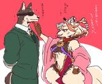  bodyguard breasts canine clothed clothing doberman dog eyewear female flirting fox hakumen male mammal nee skimpy suit sunglasses teasing tokyo_afterschool_summoners xolotl 