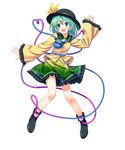  absurdres bare_legs black_footwear black_hat blouse bow facing_viewer floral_print full_body green_eyes green_hair green_skirt hat hat_bow heart heart_of_string highres komeiji_koishi long_sleeves miniskirt open_mouth shoes skirt smile solo third_eye touhou transparent_background wide_sleeves yellow_blouse yellow_bow yuuki_keisuke 
