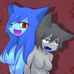  2girls artist_request blue_hair breasts cat furry grey_hair long_hair multiple_girls nude open_mouth red_eyes 