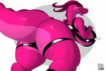  big_breasts big_butt breasts butt butt_focus clothing dedo dragon female horn interstellar_demon_stripper purple_scales purple_skin rear_view reptile rick_and_morty scales scalie simple_background solo thick_thighs yellow_sclera 