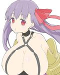  absurdres bangs bare_shoulders belt belt_collar breasts criss-cross_halter donguri_suzume eyebrows_visible_through_hair fate/extra fate/extra_ccc fate_(series) hair_ribbon halterneck highres huge_breasts long_hair looking_at_viewer o-ring o-ring_top parted_lips passion_lip purple_hair red_eyes red_ribbon ribbon simple_background solo upper_body white_background 