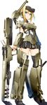  armor ass_visible_through_thighs bazooka black_legwear blonde_hair blue_eyes blush closed_mouth commentary_request detached_collar diffraction_spikes expressionless eyebrows_visible_through_hair eyes_visible_through_hair frame_arms_girl full_body gourai gun hair_between_eyes headgear highres holding holding_gun holding_weapon koko_shiguma looking_at_viewer mecha_musume panties shiny shiny_skin short_hair shoulder_cannon simple_background skirt solo standing striped striped_panties thighhighs underwear weapon white_background 