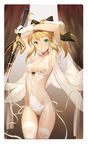  :&gt; ahoge armpits arms_up artoria_pendragon_(all) blonde_hair breasts caliburn choker closed_mouth covered_navel cowboy_shot fate/grand_order fate_(series) green_eyes leotard lingerie ponytail saber_lily salmon88 sidelocks small_breasts smile solo sword thighhighs underwear weapon white_legwear 