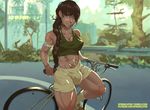  abs armband bicycle bike_shorts blue_eyes blush_stickers braid breasts brown_hair bulge choker cleavage collarbone commentary covered_nipples dark_skin eyebrows_visible_through_hair futanari ground_vehicle hair_over_one_eye hair_over_shoulder large_breasts long_hair midriff muscle muscular_female original shoes single_braid sneakers socks solo sports_bra sprinklepoo stomach sweat thick_eyebrows thick_thighs thighs 