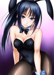  animal_ears black_hair black_leotard black_neckwear blue_eyes bow bowtie breasts brown_legwear bunny_ears bunny_girl bunny_tail bunnysuit cleavage detached_collar gradient gradient_background highres leotard long_hair looking_at_viewer medium_breasts original pantyhose ponytail purple_background solo strapless strapless_leotard sumeragi_tomo tail wrist_cuffs 