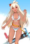  :d ahoge bare_shoulders belt bikini blush breasts dark_skin flower granblue_fantasy hair_between_eyes hair_flower hair_ornament head_tilt highres long_hair looking_at_viewer mathew_(srmmk_mce) medium_breasts navel no_socks open_mouth red_eyes sandals scabbard sheath sheathed smile solo swimsuit sword weapon white_bikini white_hair zooey_(granblue_fantasy) 