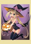  blonde_hair blue_eyes competition_school_swimsuit demon_tail fang gloves gradient gradient_background halloween hat horns jack-o'-lantern katahira_masashi kneeling long_hair looking_at_viewer one-piece_swimsuit open_mouth original pointy_ears solo swimsuit tail thighhighs twintails wings witch_hat 