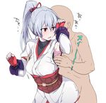  blush breasts commentary_request faceless faceless_male fate/grand_order fate_(series) groping hair_between_eyes higata_akatsuki implied_sex japanese_clothes large_breasts long_hair ponytail red_eyes silver_hair sketch tomoe_gozen_(fate/grand_order) white_background 