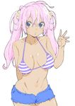  absurdres bangs bare_arms bare_shoulders bikini_shorts bikini_top blue_bikini_top blue_eyes blue_shorts breasts closed_mouth commentary_request cowboy_shot donguri_suzume hair_between_eyes hair_ornament hair_scrunchie highres large_breasts long_hair looking_at_viewer multicolored_hair navel pink_hair scrunchie shorts simple_background solo streaked_hair striped_bikini_top twintails white_background yellow_scrunchie 