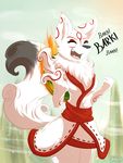  2017 amaterasu anthro canine clothed clothing day deity digital_media_(artwork) eyes_closed female fur hi_res infinitedge2u mammal open_mouth outside sky solo teeth tongue video_games white_fur wide_hips wolf ōkami 