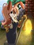  2017 anthro breasts clothed clothing day detailed_background digital_media_(artwork) dust:_an_elysian_tail female hair haley_(elysian_tail) hi_res infinitedge2u lagomorph mammal outside pink_hair rabbit smile solo 