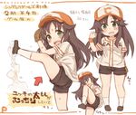  7010 :d baseball_mitt blush brown_hair chibi commentary directional_arrow fangs green_eyes hair_ornament hairclip hat himekawa_yuki idolmaster idolmaster_cinderella_girls leg_up long_hair looking_at_viewer multiple_views open_mouth partially_translated shorts smile sweat translation_request wristband 