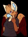  2017 anthro avian clothed clothing digital_media_(artwork) female fur gryphon hi_res looking_at_viewer mazzy_techna profanity simple_background singingbirdstudio solo standing 