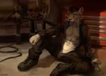 2017 abs anthro athletic black_hair blue_eyes blue_tongue bulge chunie claws clothed clothing detailed_background digital_media_(artwork) fangs feline fur hair hi_res humanoid_hands humanoid_penis inside male mammal milo_(mrtweek) navel partially_clothed pecs penis penis_base sitting solo stripes tiger tired white_fur white_tiger 
