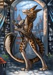  2017 ambiguous_gender ankle_tuft anthro arch architecture black_spots blurred_background breasts brown_fur castle city cityscape cloud day detailed_background dinosaur duo featureless_breasts featureless_crotch female feral flashw fluffy fur long_tail micro nude outside raptor sergal silver_eyes smile spots street tail_tuft theropod tuft white_fur 