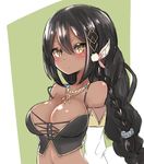  areola_slip areolae azur_lane bare_shoulders black_hair blush braid breasts bustier cleavage commentary_request dark_skin detached_sleeves green_background hair_between_eyes hair_ornament jewelry large_breasts long_hair looking_at_viewer malice_stella native_american necklace off_shoulder parted_lips revision solo south_dakota_(azur_lane) upper_body yellow_eyes 