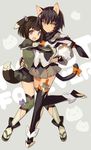  :d animal_ears bangs black_gloves black_hair black_legwear black_scarf blush bow brown_hair cat_ears cat_girl cat_tail closed_mouth dagger dog_ears dog_girl dog_tail eyebrows_visible_through_hair fingerless_gloves full_body gloves green_footwear green_jacket green_legwear green_skirt grey_background grey_skirt hair_between_eyes hair_bobbles hair_ornament hug jacket long_hair looking_at_viewer multiple_girls oota_yuuichi open_mouth orange_bow pleated_skirt pop-up_story purple_eyes renge_miyamoto scarf school_uniform skirt smile st._feles_gakuen_uniform standing standing_on_one_leg suzuna_isurugi sweat tabi tail tail_bow tareme thighhighs tsurime weapon white_jacket yellow_eyes zouri 