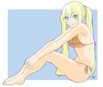  absurdres bangs bare_arms bare_legs bare_shoulders barefoot bikini blue_background blue_eyes breasts closed_mouth donguri_suzume eyebrows_visible_through_hair from_side hair_ornament hair_scrunchie highres legs_together long_hair looking_at_viewer looking_to_the_side medium_breasts multicolored_scrunchie orange_bikini scrunchie side-tie_bikini sideboob sitting smile solo swimsuit twintails very_long_hair 