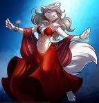  2017 anthro barefoot belly_dancer blue_background bracelet breasts canine chest_tuft cleavage clothed clothing dancing digitigrade eyes_closed female fur grey_hair hair jewelry keidran mammal midriff necklace raine_(twokinds) scarf simple_background skimpy skirt smile solo tom_fischbach tuft twokinds webcomic white_fur wolf 