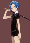  androgynous benitoite_(houseki_no_kuni) black_shirt black_shorts blue_eyes blue_hair blue_nails closed_mouth collared_shirt forehead from_side gem_uniform_(houseki_no_kuni) hand_up highres holding holding_sword holding_weapon houseki_no_kuni looking_at_viewer monsieur nail_polish puffy_short_sleeves puffy_sleeves shiny shiny_hair shirt short_hair short_sleeves shorts sidelocks solo sword tsurime weapon white_shirt 