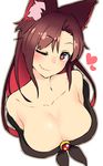  animal_ears bangs bare_shoulders breasts brooch brown_hair cleavage closed_mouth collarbone heart highres imaizumi_kagerou jewelry large_breasts long_hair looking_at_viewer multicolored_hair one_eye_closed red_eyes red_hair simple_background smile solo taketora_suzume touhou two-tone_hair upper_body wavy_mouth white_background wolf_ears 