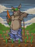  anthro carrot clothed clothing disney farm farmer food front_view full-length_portrait hat hi_res hoe k-9 lagomorph male mammal nipples overalls pecs portrait rabbit slightly_chubby solo standing stu_hopps topless vegetable zootopia 