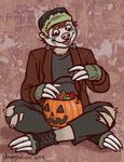  2017 abstract_background anthro brown_hair bucket candy chewycuticle costume food frankenstein fur green_fur green_nose hair halloween holidays male mammal open_mouth sloth smile solo 