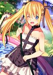  ;) bare_shoulders blonde_hair blue_eyes chair dead_or_alive dead_or_alive_5 flat_chest frills gothic_lolita hair_ribbon highres lolita_fashion long_hair marie_rose nishisan_(mikurosu) one_eye_closed ribbon smile solo twintails 