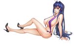  1girl ahoge arm_support bikini blue_hair breasts curvy female full_body high_heels highres huge_breasts legs legs_crossed long_hair looking_at_viewer maken-ki! nijou_aki o-ring orange_eyes profile purple_bikini purple_swimsuit shoes simple_background sitting sling_bikini solo white_background wing_no_kioku 