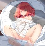  ahoge anus bare_shoulders barefoot bottomless breasts feet horikawa_raiko large_breasts naked_sweater no_panties off-shoulder_sweater off_shoulder red_eyes red_hair ribbed_sweater septet_(zrca_janne) smile soles solo sweater toes touhou 