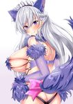  animal_ears ass azur_lane back bangs bare_shoulders belfast_(azur_lane) blue_eyes blush bow braid breasts butt_crack commentary_request cosplay cross-laced_clothes dangerous_beast elbow_gloves fang fate/grand_order fate_(series) french_braid fur-trimmed_gloves fur_collar fur_trim gloves gradient gradient_background highres hips large_breasts licking_lips long_hair looking_at_viewer maid_headdress mash_kyrielight mash_kyrielight_(cosplay) o-ring pink_bow purple_gloves revealing_clothes sankakusui shiny shiny_skin sideboob silver_hair skindentation smile solo tail tongue tongue_out wolf_ears wolf_tail 