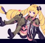  armor black_gloves blonde_hair bow breastplate capelet elise_(fire_emblem_if) fire_emblem fire_emblem_if frills full_body gloves greaves hair_ribbon hairband heart high_heels highres letterboxed long_hair looking_at_viewer pink_bow purple_eyes ribbon solo transistor twintails very_long_hair 
